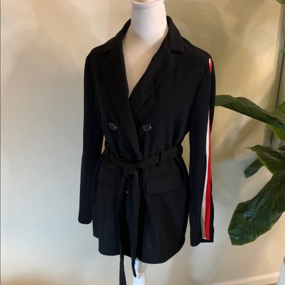 Black Double-Breasted Women's Jacket with Red Stripe